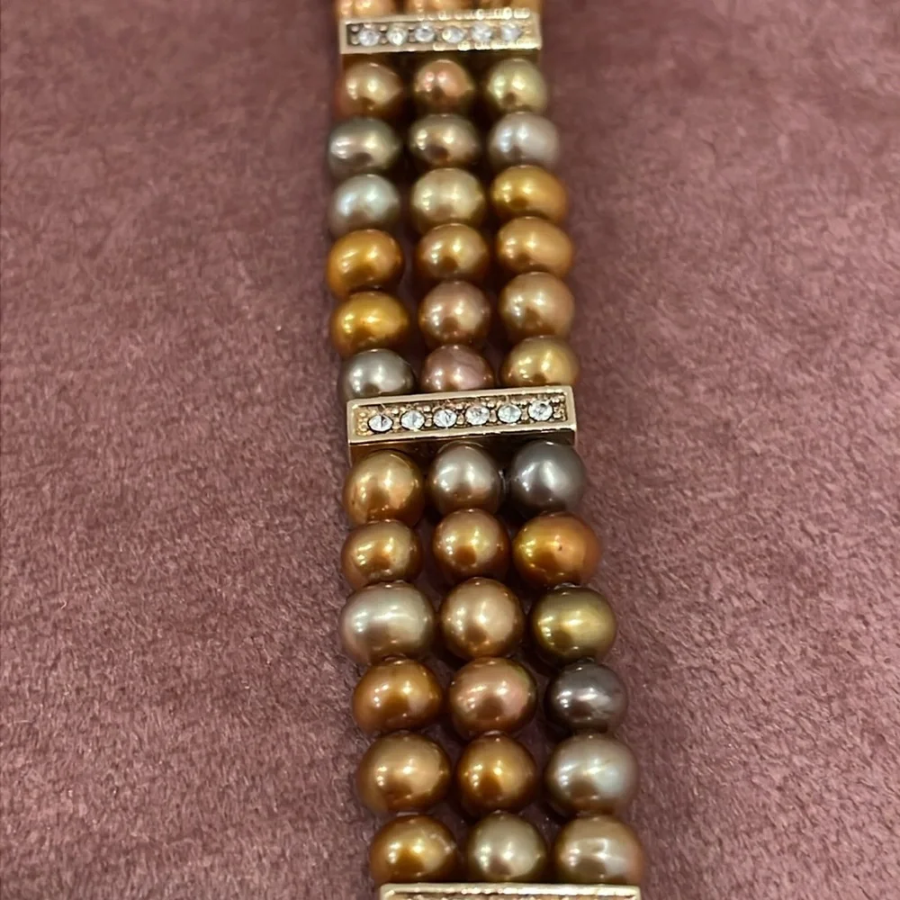 Gold Tone Three Strand Bracelet with Cultured Pearls and Rhinestones